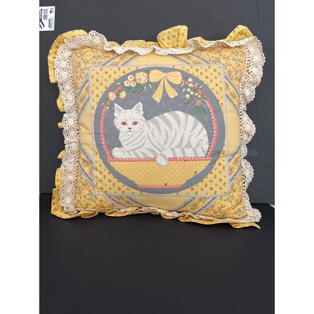 Vintage Yellow Quilted Cozy Cat Pillow 16” Country Cottage Granny farm house